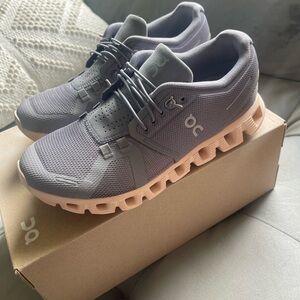 On Running Gray and Pink Athletic Shoes with Mesh Upper